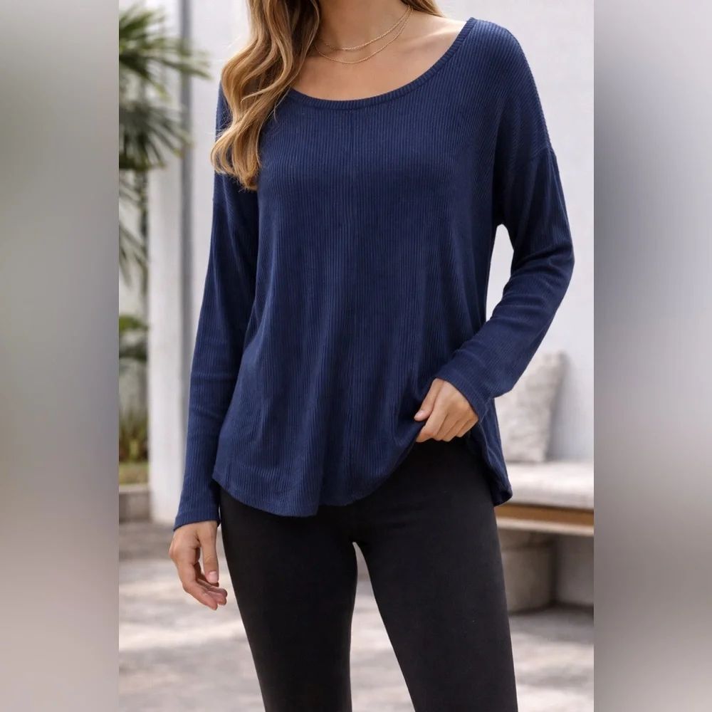 Velvet by Graham Spencer Ribbed Knit Top XL Blue Relaxed Casual Minimalist USA